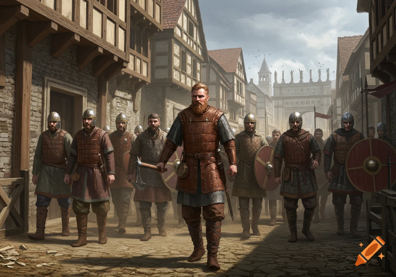 A group of armored medieval warriors, led by a bearded man with an axe, march through a town street.