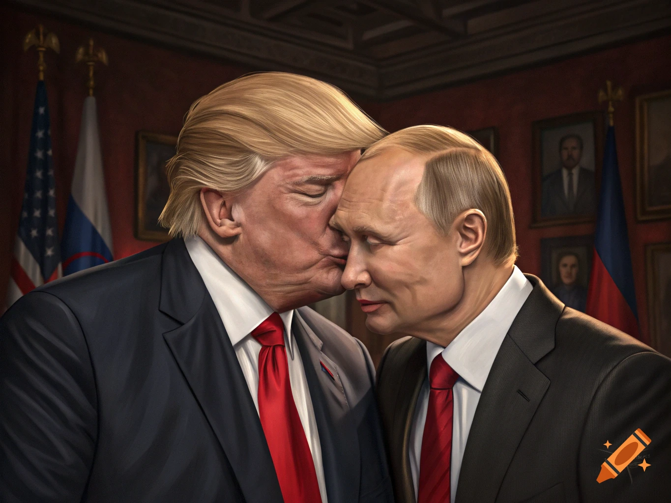 Donald Trump kissing Vladimir Putin on the forehead, set in a formal room with flags, in a realistic digital painting.