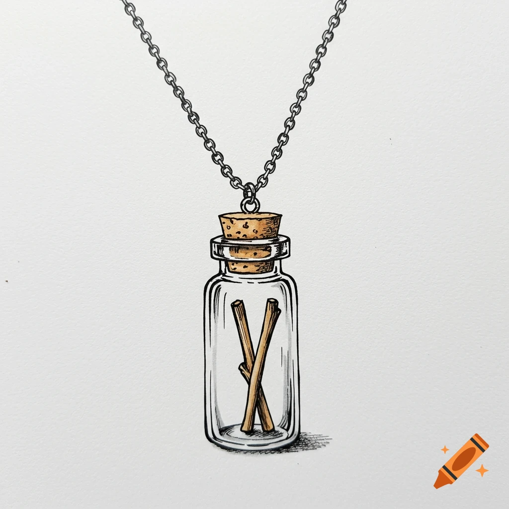 A sketch-style drawing of a glass bottle necklace with two sticks inside, corked, hanging from a chain, on a white background.