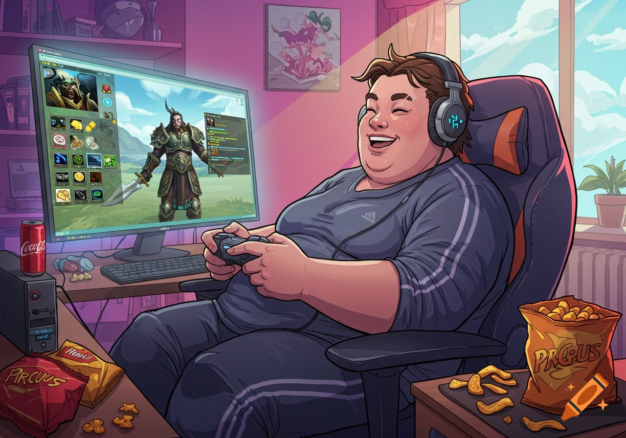 A person laughs while playing video games on a computer, holding a controller in a colorful cartoon illustration. Snacks and a soda can are on the desk.