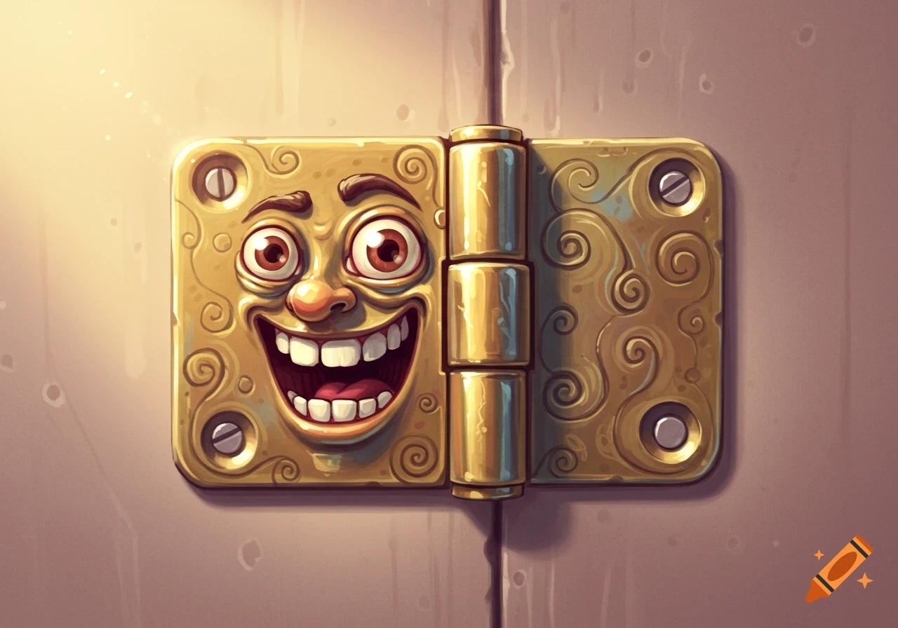 A whimsical illustration of a brass door hinge with a wide, happy, cartoon face and large eyes, on a light-colored wall.