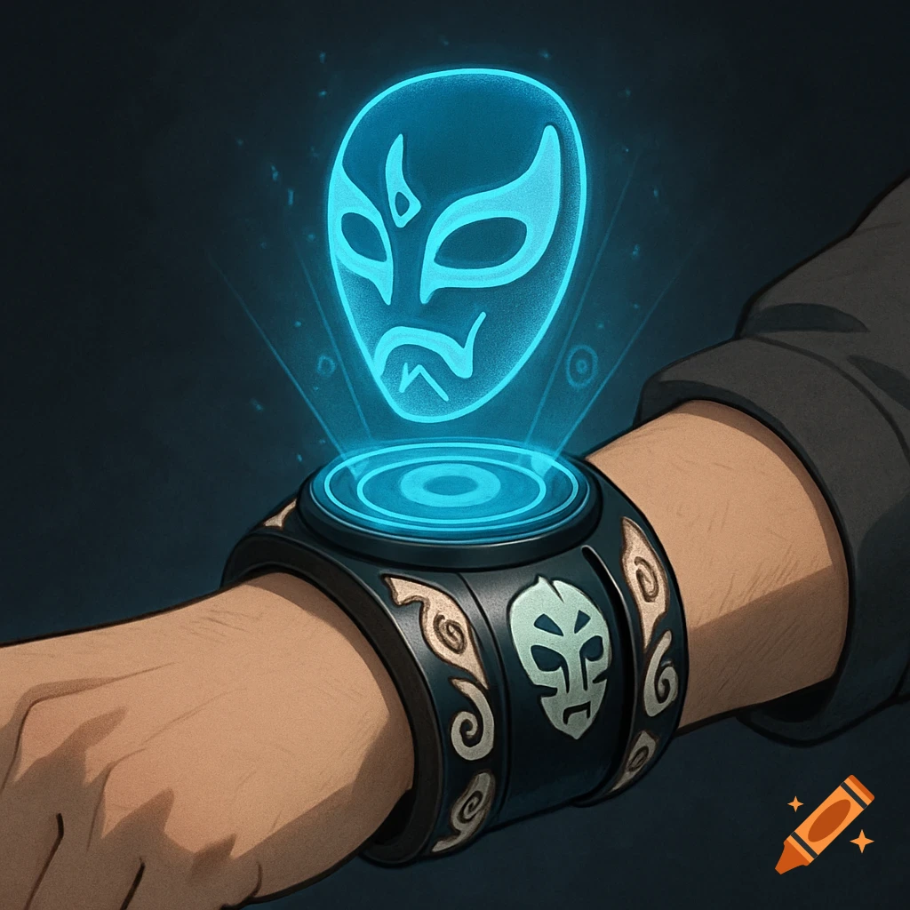 A person's arm wears a futuristic black wristband with carved mask symbols, projecting a glowing blue holographic mask, in a sci-fi art style.