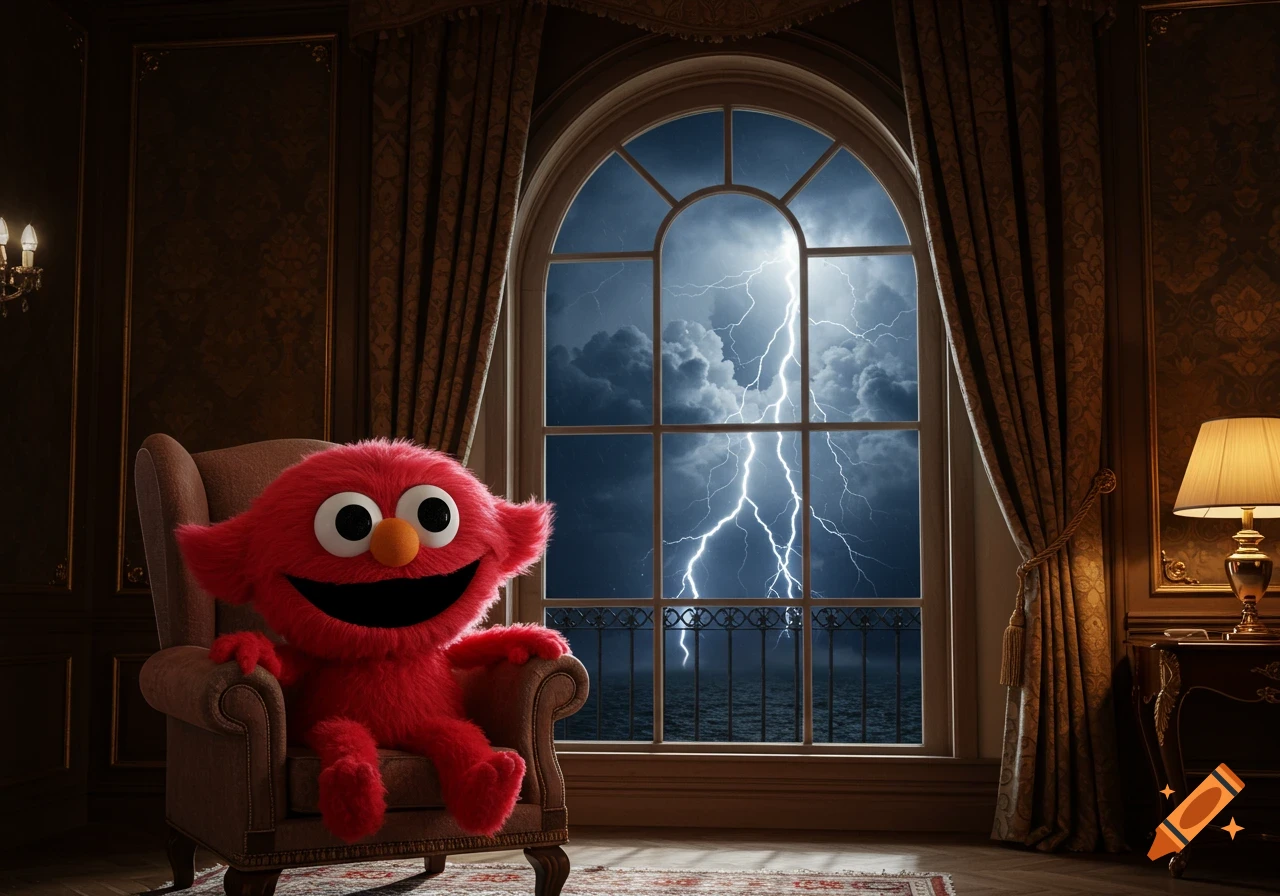 A fluffy red Elmo-like creature sits comfortably in an armchair in a luxurious room, gazing out a large window at a dramatic lightning storm.