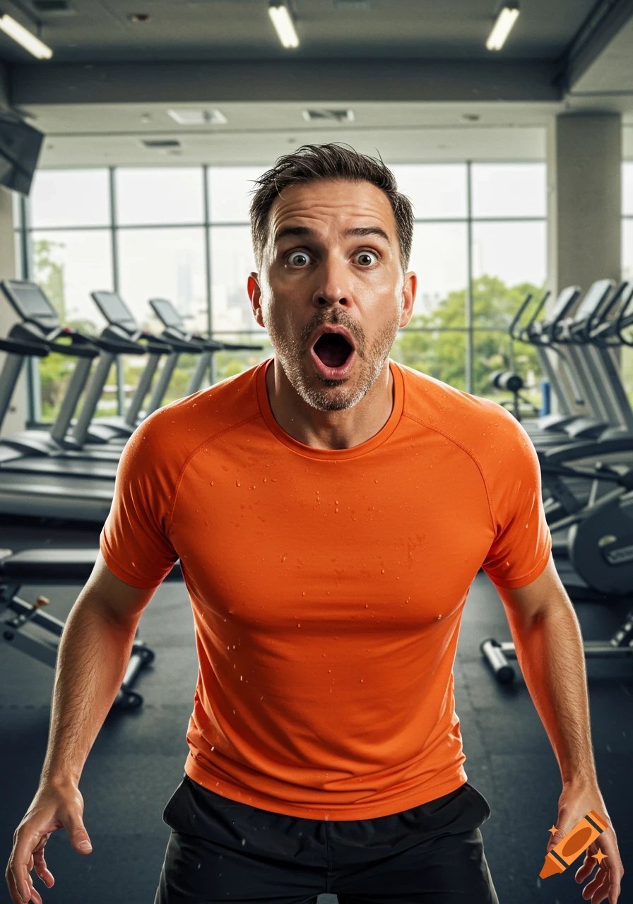 A man with a surprised expression and open mouth stands in a gym, appearing sweaty after a workout.