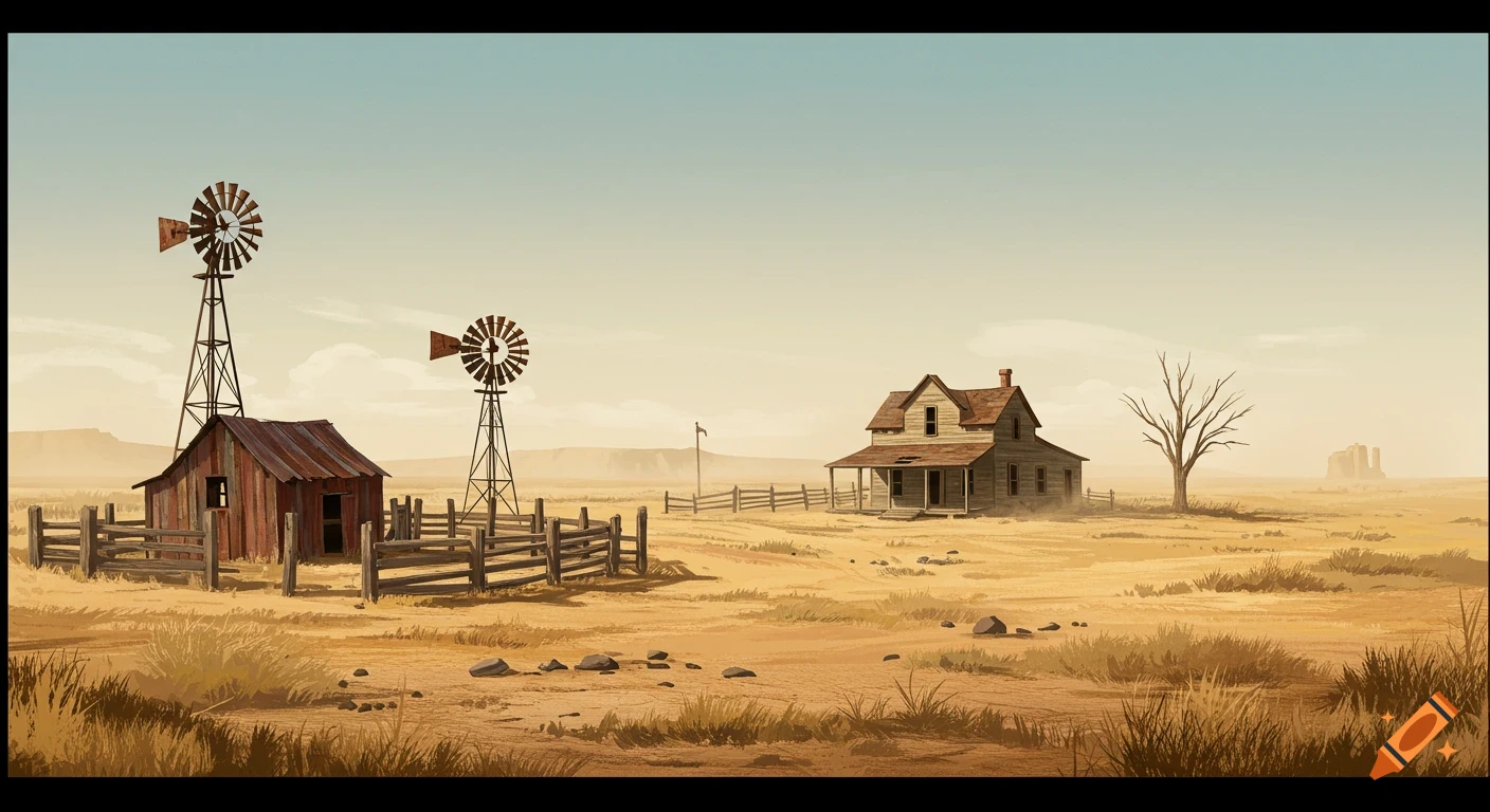 An illustrated Old West landscape featuring a dilapidated ranch house, a shed with two windmills, and a barren tree in a dry, dusty environment.