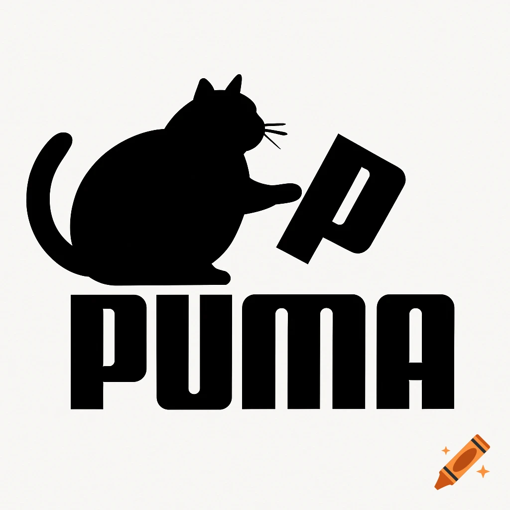 Black silhouette of a fat cat knocking over the 'P' in the 'PUMA' logo, on a white background.