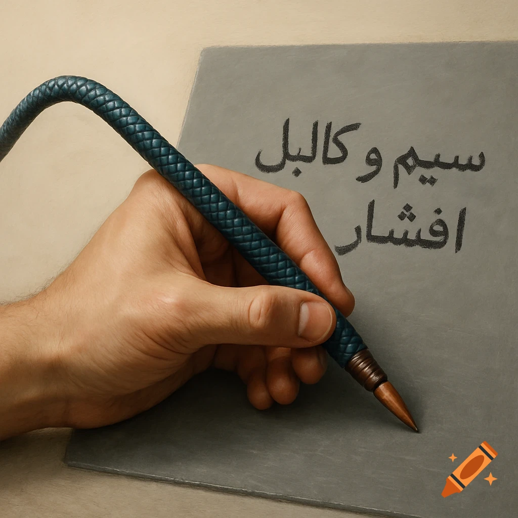 A photorealistic image of a hand holding a pen made of braided cable with a copper tip, writing 'Wire and Cable Afshar' in Arabic script on a gray slab.