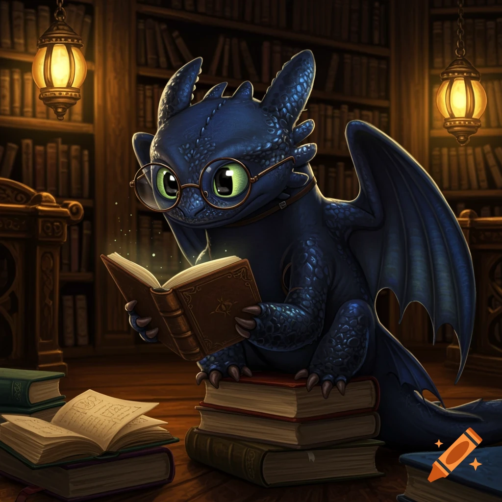 A cute black dragon with green eyes and glasses sits on a stack of books, reading an open book in a dimly lit library.