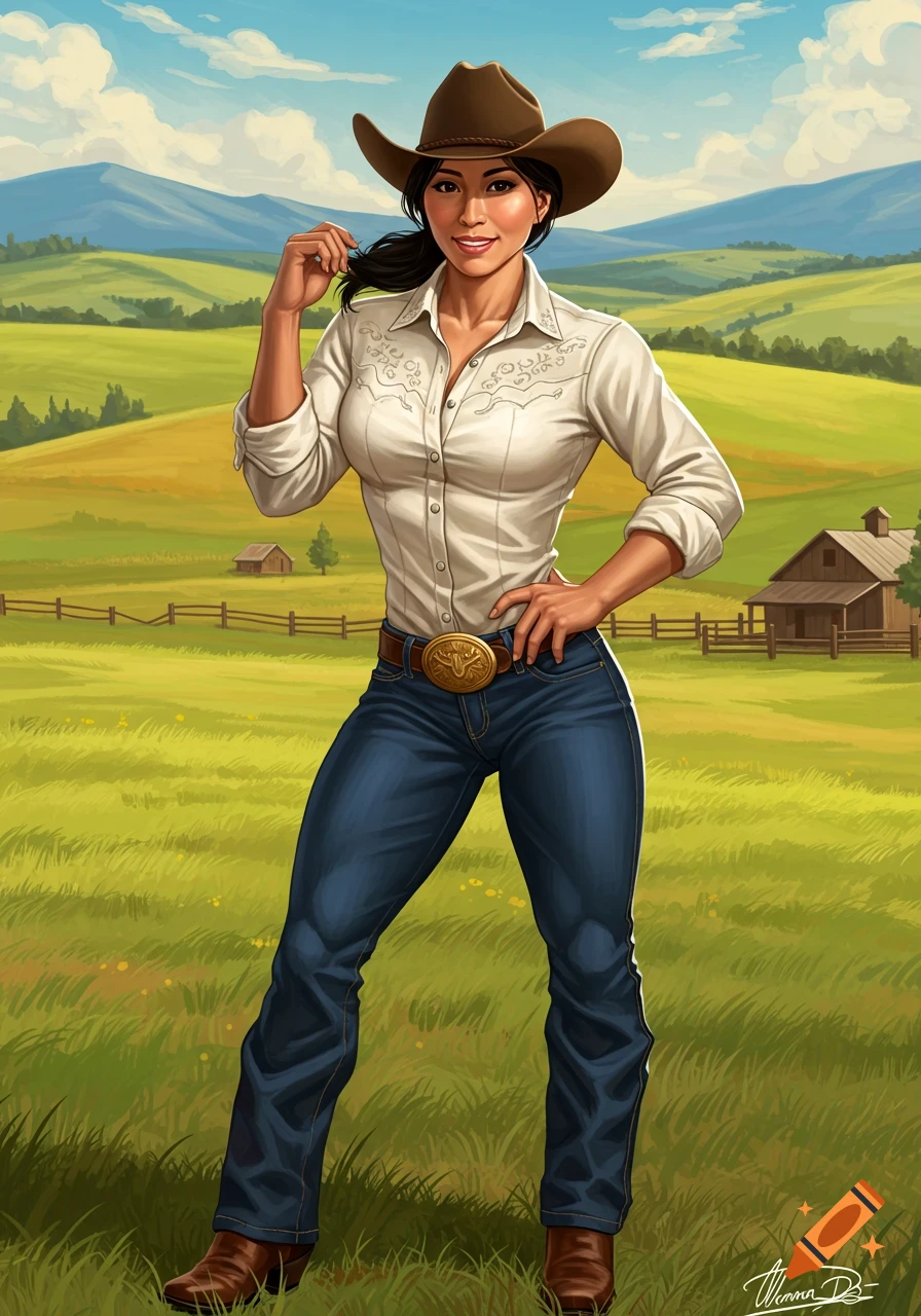 A beautiful Filipina cowgirl with toned muscles in a white shirt and jeans stands in a green Idaho countryside. Digital art.