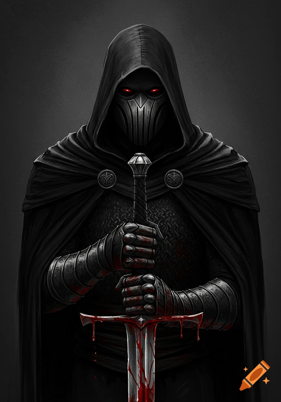 A cloaked dark knight with glowing red eyes and a metallic mask holds a blood-dripping sword in a dark setting.