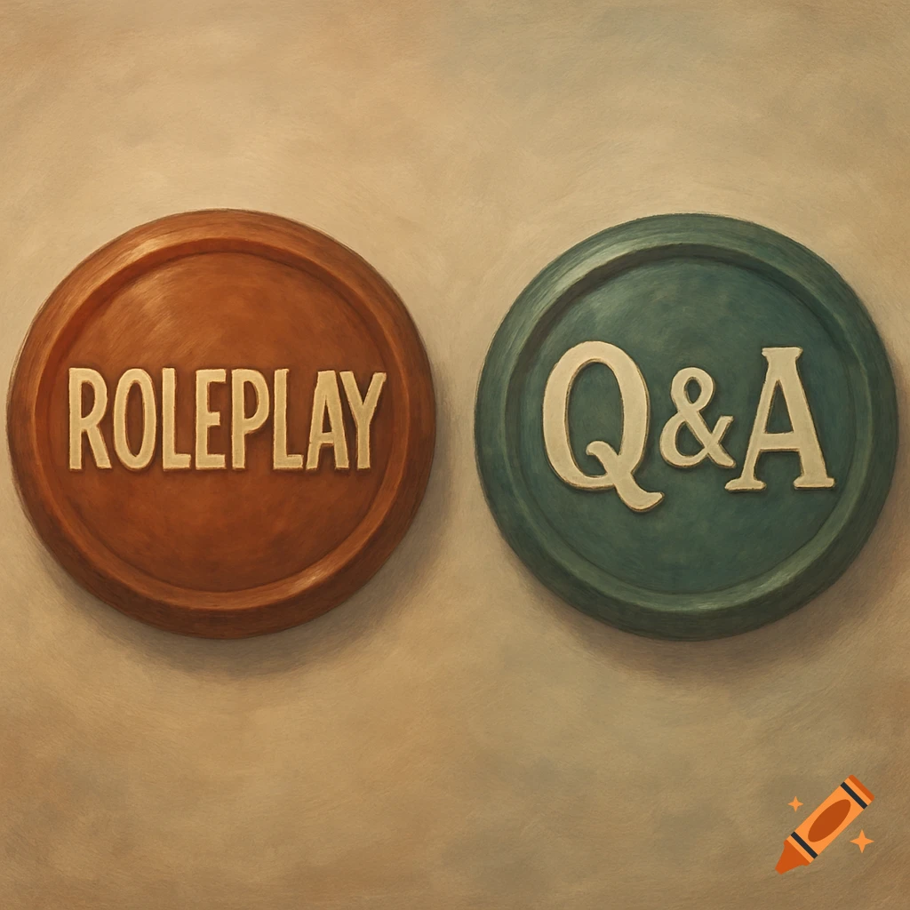 Two round buttons, one brown with 'ROLEPLAY' and one teal with 'Q&A', against a textured background in a painterly style.