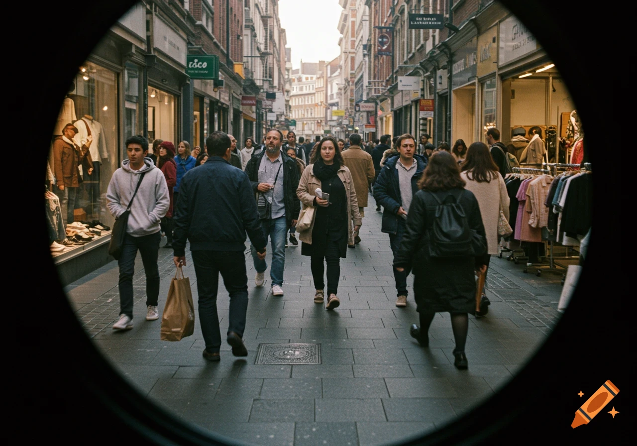 Photorealistic image of a crowded city street with many people walking past shops and brick buildings.