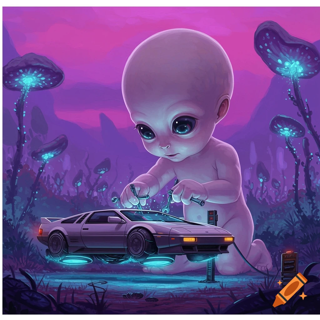 A cute alien baby repairs a hovering futuristic car in a vibrant purple landscape with glowing mushrooms.