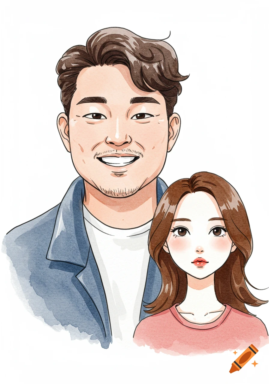 Watercolor illustration of an Asian man with wavy hair and a woman with long brown hair, both as bust portraits.