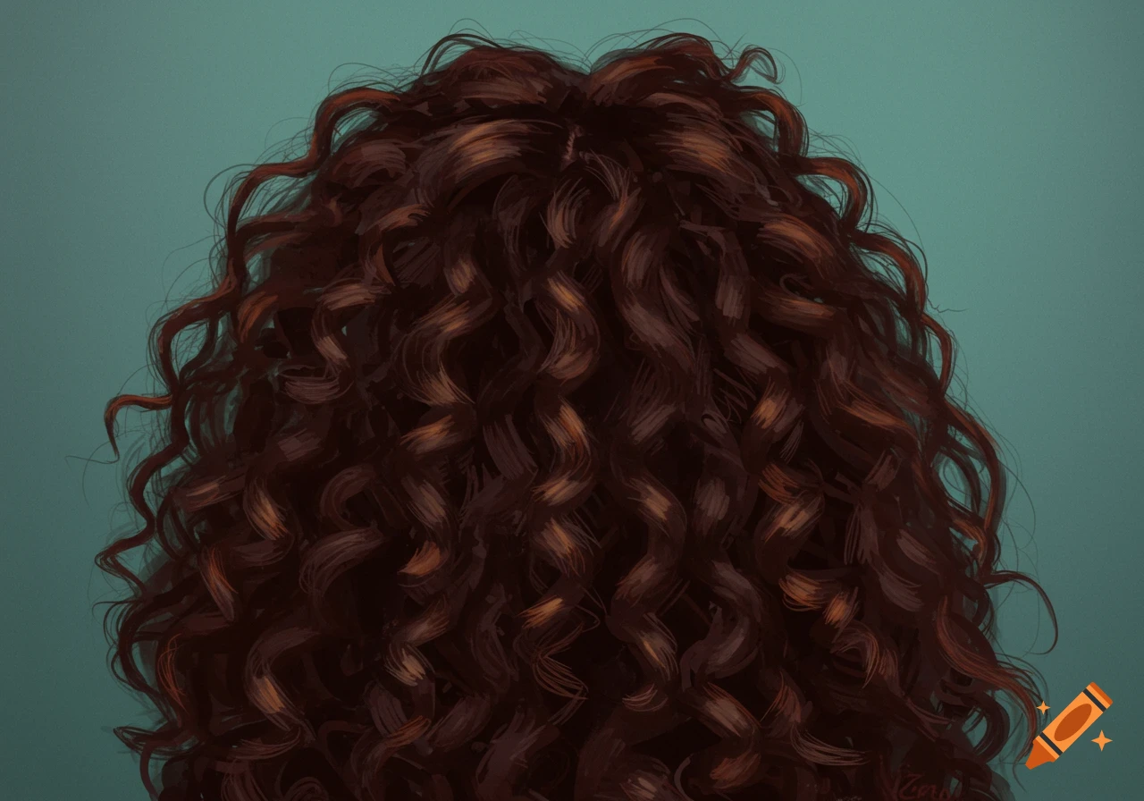 Close-up of thick, brown curly hair against a teal background.