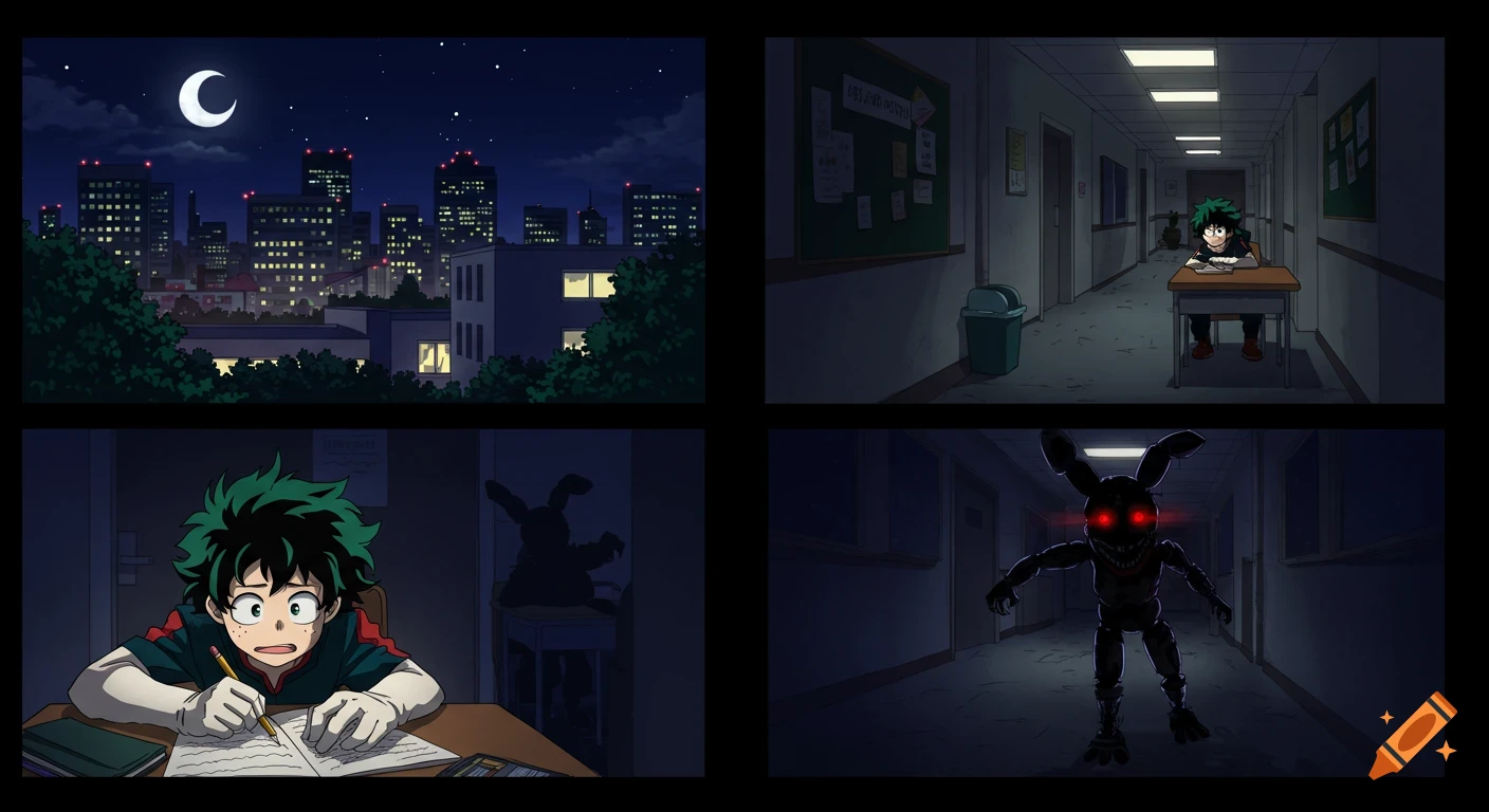 A four-panel anime-style image shows a night cityscape, Midoriya studying in a dark school hallway, a close-up of his startled face, and a menacing animatronic bunny with red eyes in the hallway.