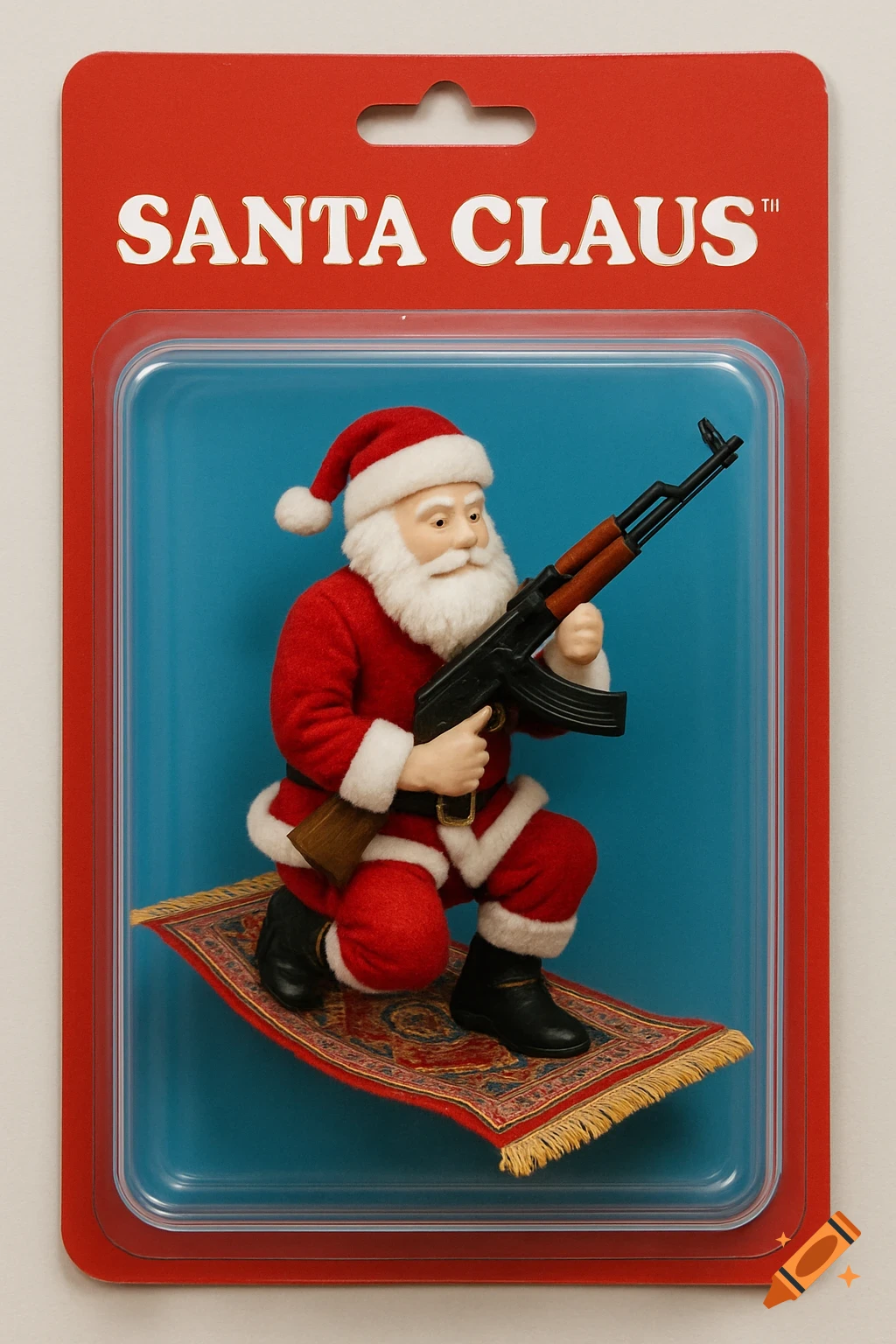 Santa Claus action figure holding an AK-47 and riding a magic carpet inside its red and blue blister packaging.