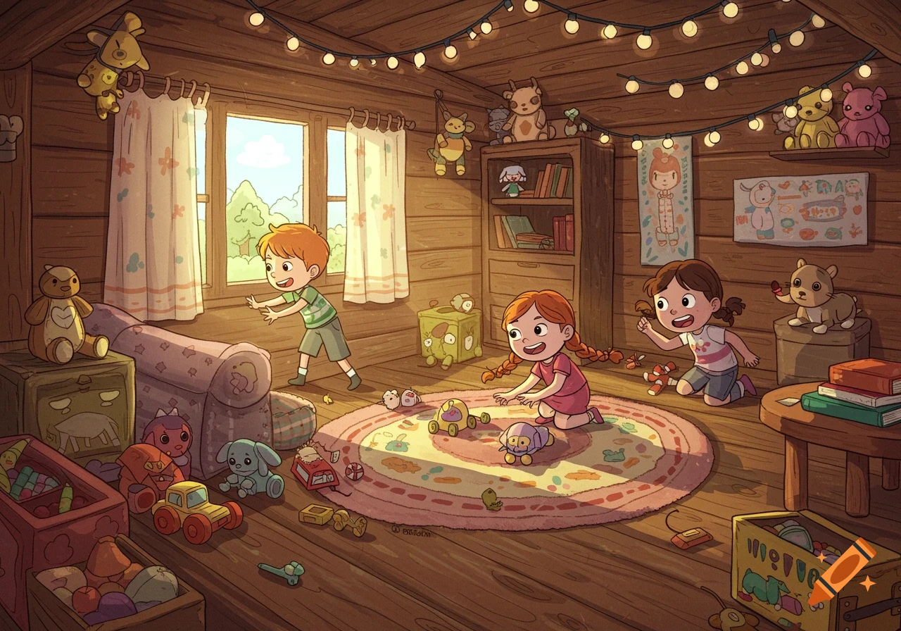 Three cheerful children play with toys in a cozy, illuminated wooden cabin, styled as a cartoon.