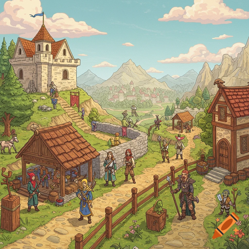 A vibrant, cartoonish fantasy village scene with a castle, shops, and various medieval-style characters and creatures amidst a mountainous landscape.