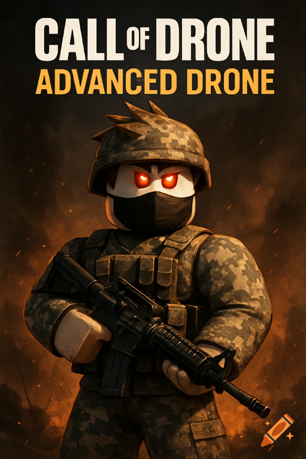 A Roblox-style soldier in military gear with glowing red eyes holds a rifle against a warzone background. Poster reads: CALL OF DRONE ADVANCED DRONE.