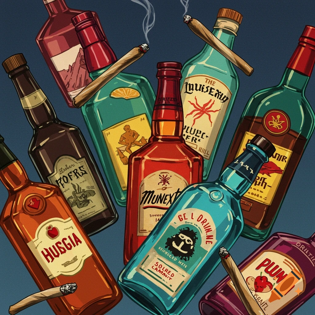 Stylized illustration of various alcohol bottles and lit blunts scattered on a dark background.