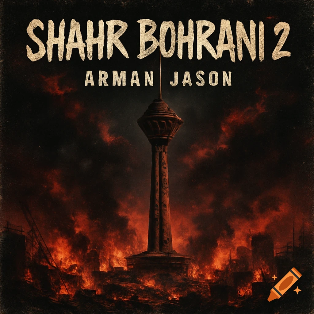 Apocalyptic album cover of a tower in a burning city under a dark, fiery sky, with 'SHAHR BOHRANI 2' text.