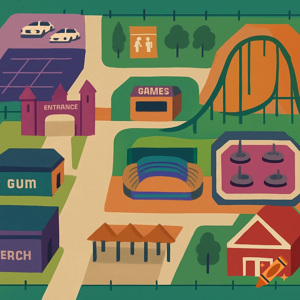 A colorful, stylized top-down illustration of a theme park with an entrance gate, roller coaster, games, and various buildings.