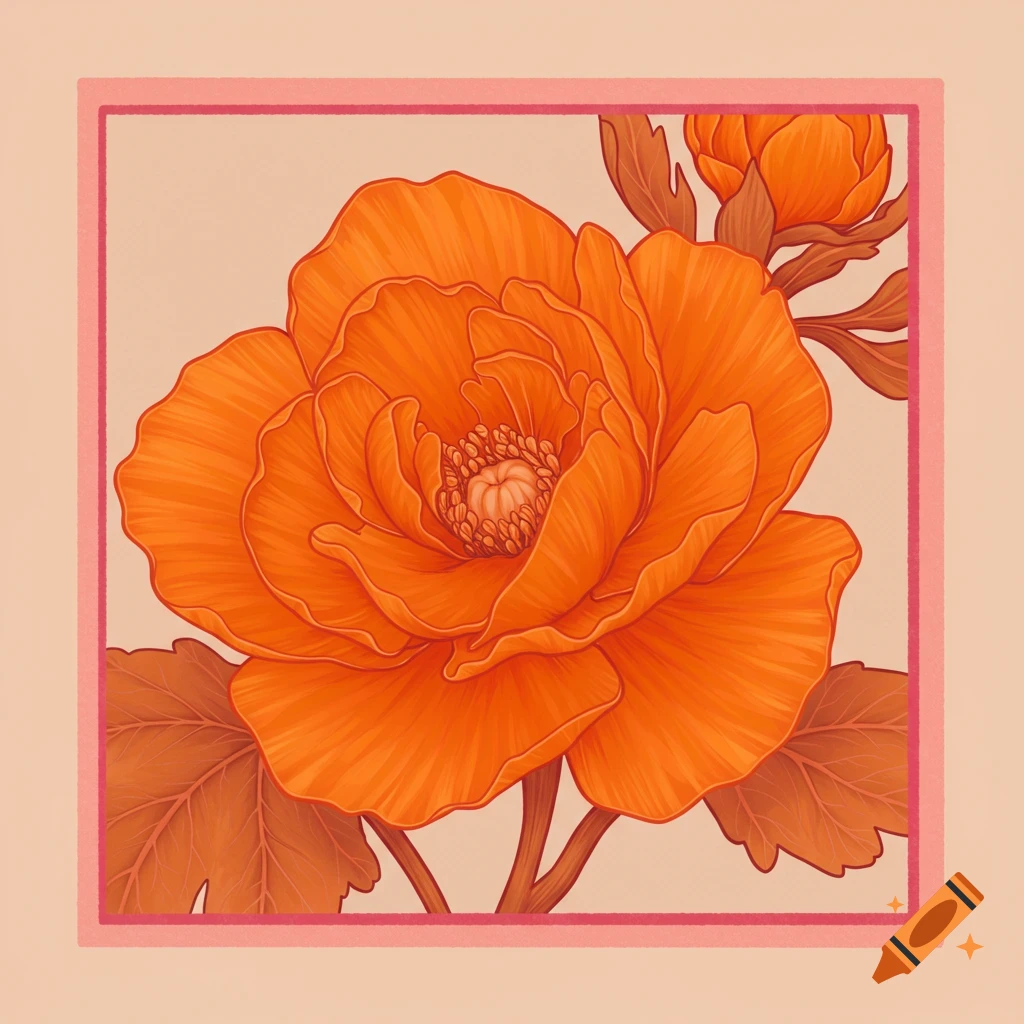 A vibrant orange flower with leaves and a bud, set within a pink border on a light background in an illustrative style.