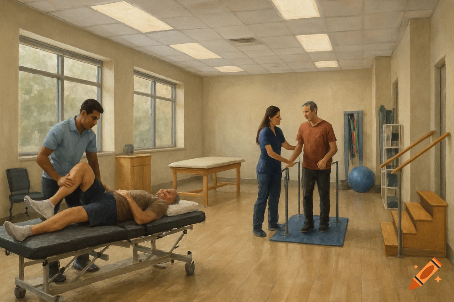 Two physical therapists assist patients in a physical therapy clinic, painted realistically.