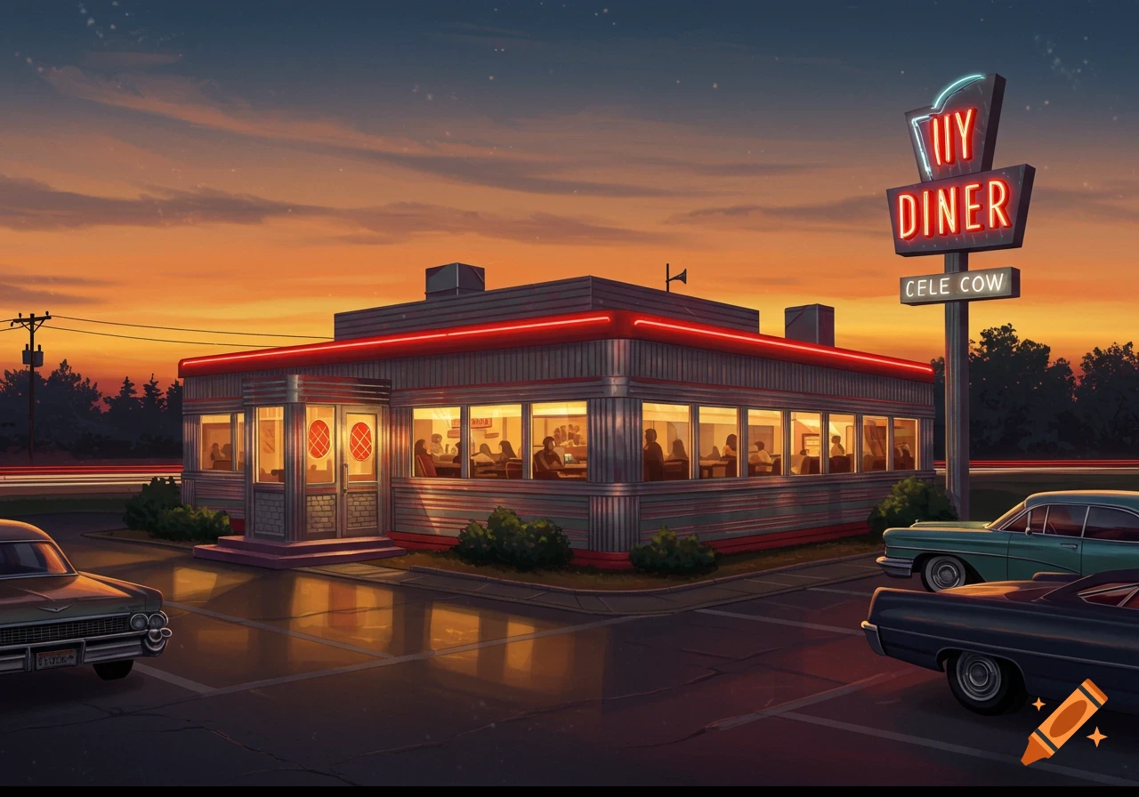 A retro diner with a bright neon sign at dusk, classic cars parked outside, in a digital painting style.