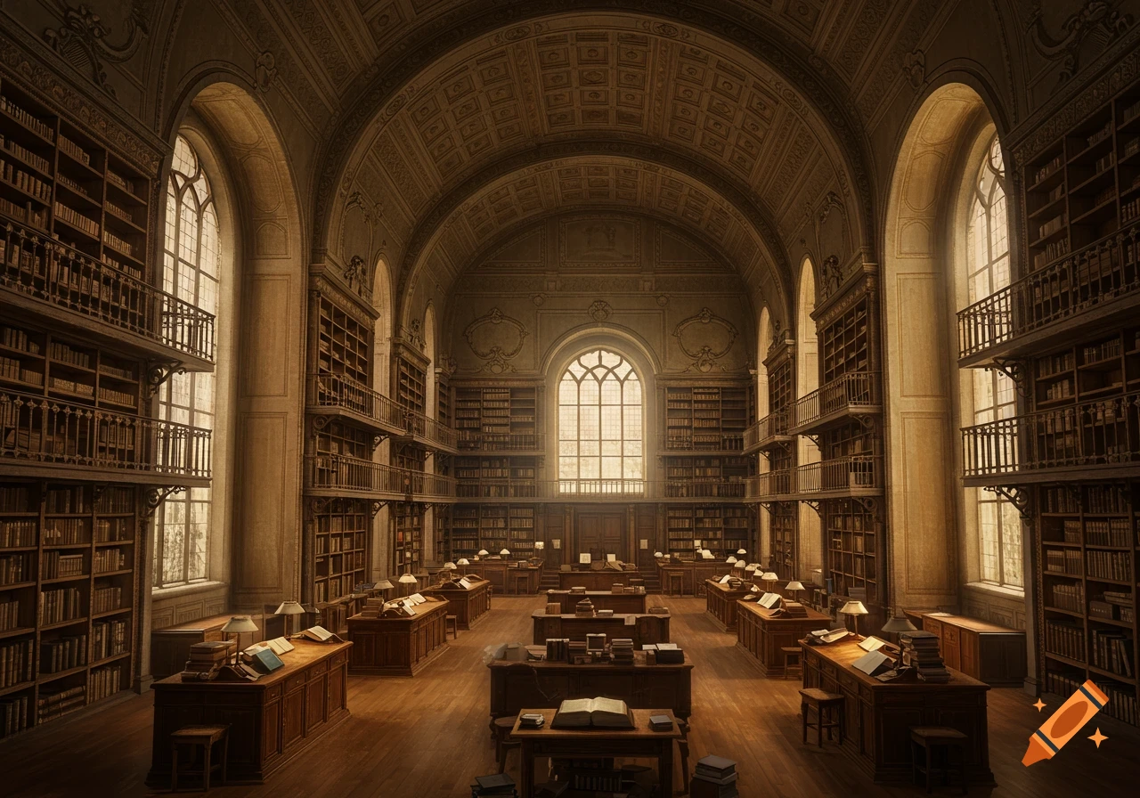 A large, grand library with high ceilings, arched windows, multi-level bookshelves, and rows of study desks. Photorealistic style.