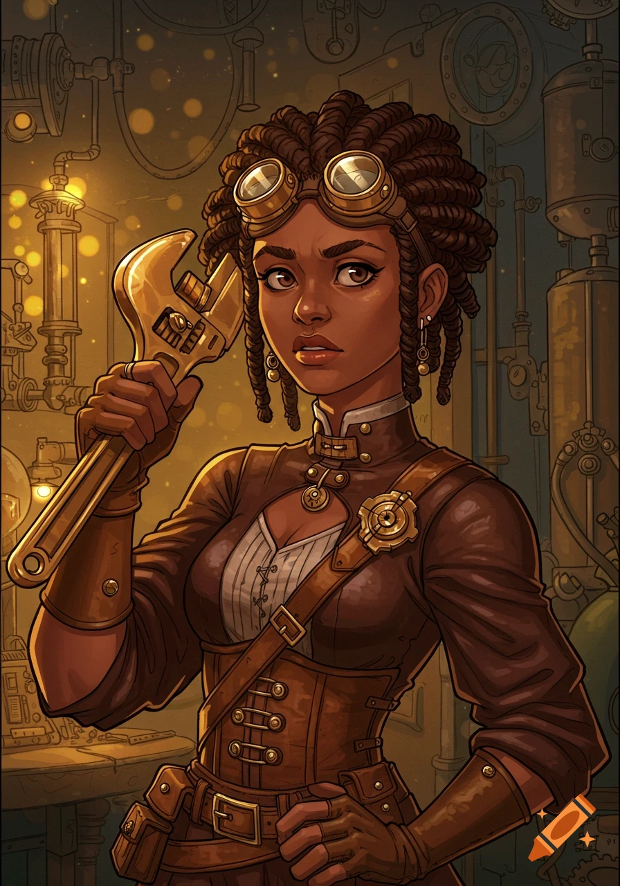 Digital 2D drawing of a Black steampunk mechanic girl holding a large golden wrench to her forehead in a detailed workshop.