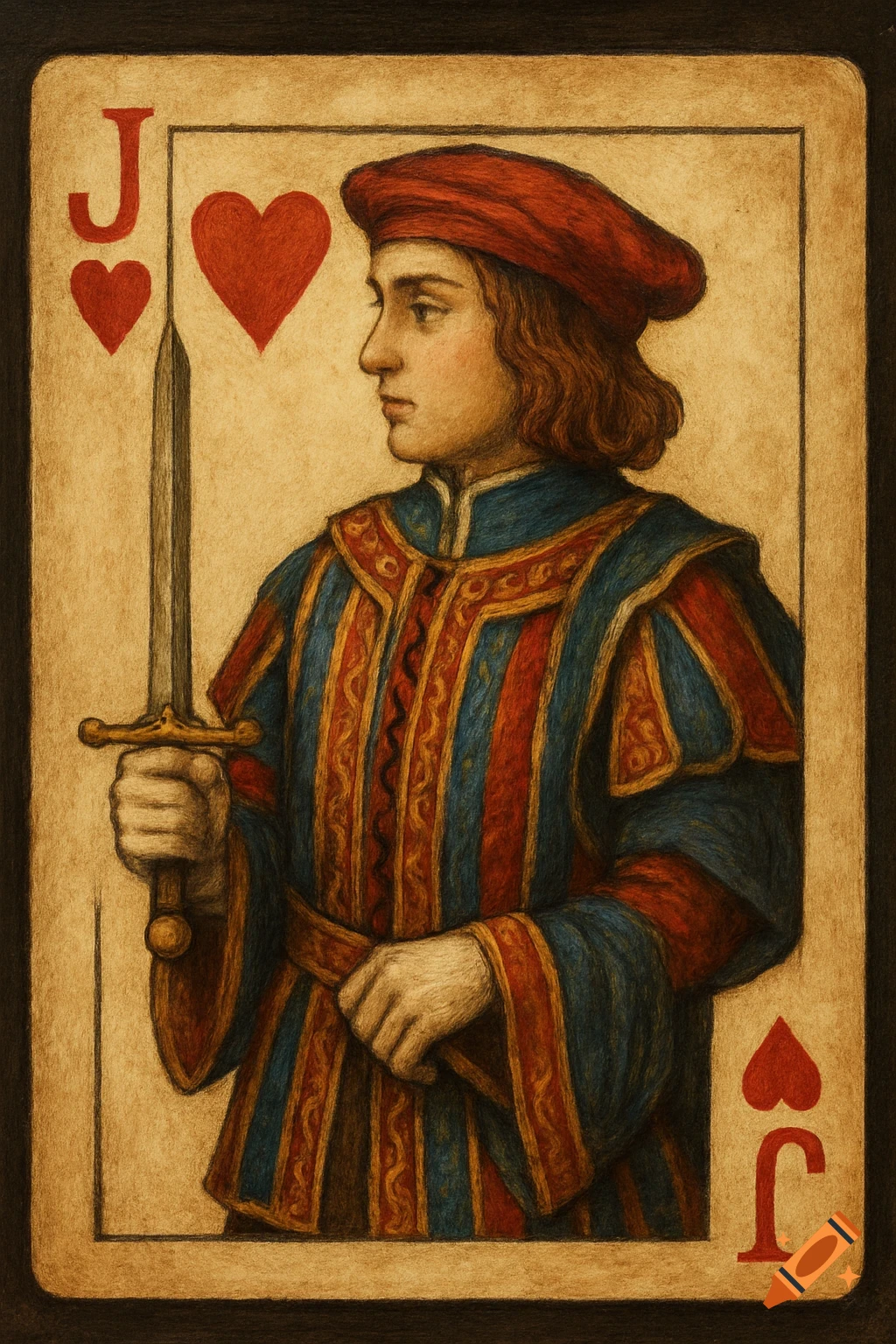 A detailed illustration of a Jack of Hearts playing card featuring a young man in Renaissance attire holding a sword, against a textured background.