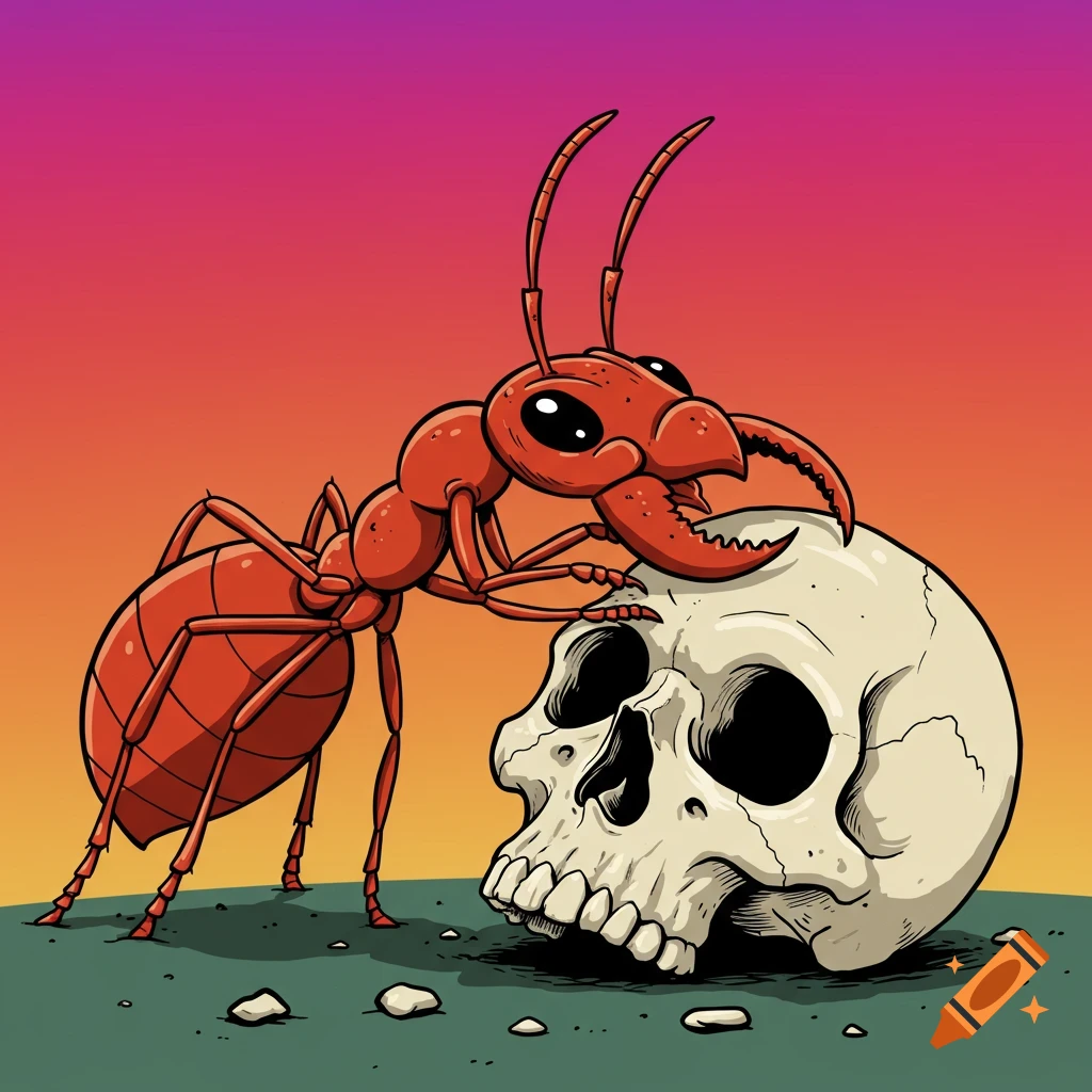 A colorful cartoon drawing shows a red fire ant standing on a human skull on a dirt ground with a gradient sky.
