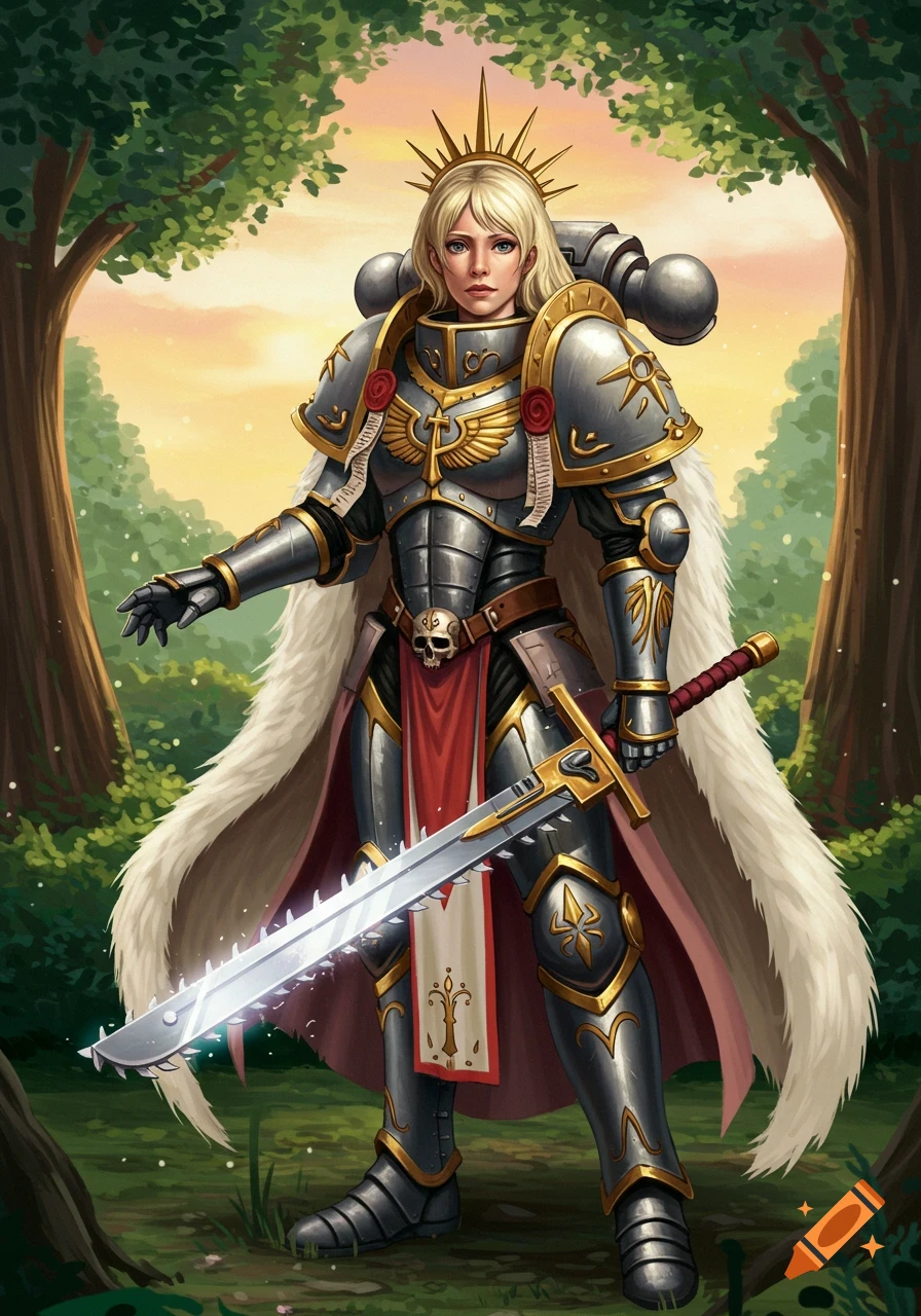 A blonde female warrior in grey and gold armor holds a glowing chainsword in a forest, in a Studio Ghibli inspired art style.