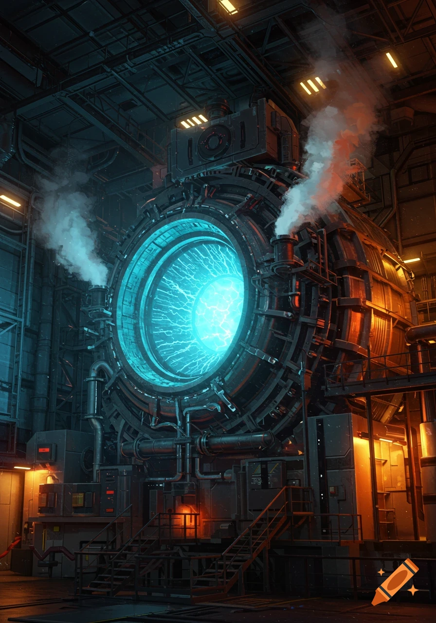 A massive, glowing blue fission reactor inside a dark, detailed industrial plant with pipes and smoke. Sci-fi style.