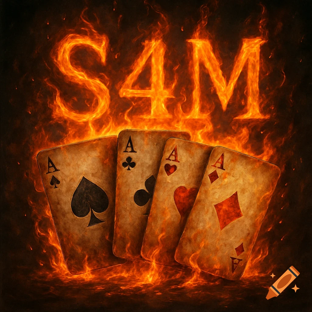 Four aces (Spades, Clubs, Hearts, Diamonds) engulfed in orange flames, with fiery letters 'S4M' behind them.