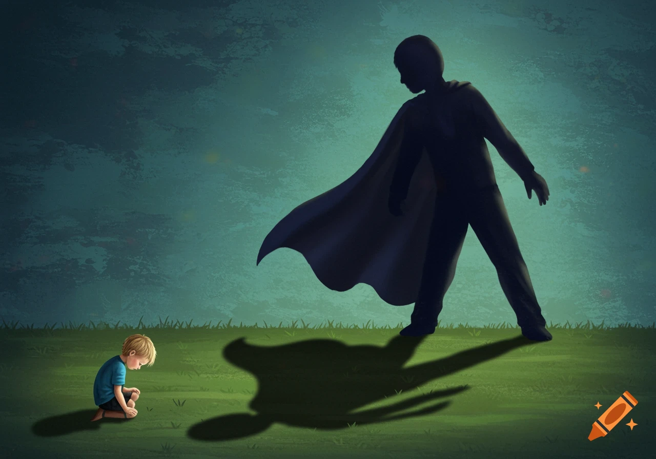 A small child sits on the grass, looking down, while casting a large, confident superhero-like shadow with a flowing cape.