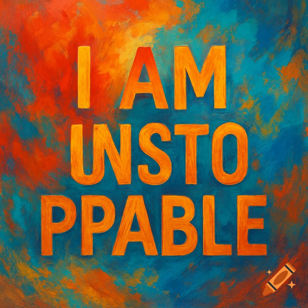 The phrase 'I AM UNSTOPPABLE' in bold orange letters with a textured brushstroke effect on an abstract blue, orange, and red painted background.