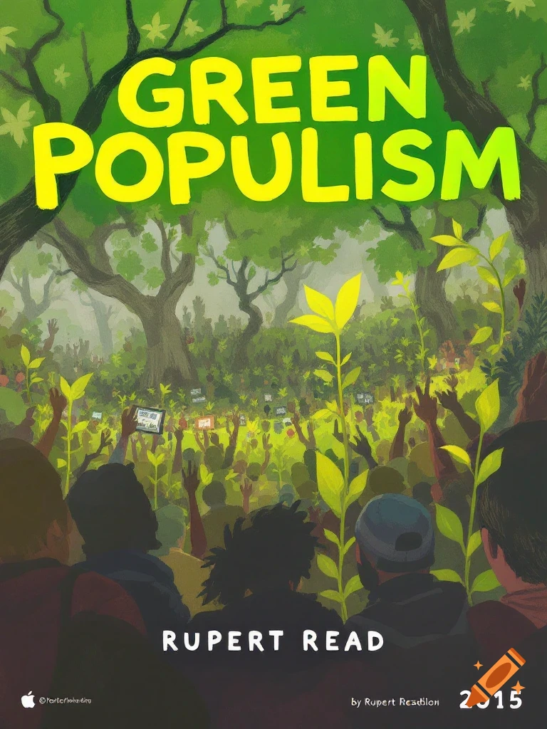 An illustrated poster for 'Green Populism' showing a large crowd with raised hands amidst lush green trees and foliage.