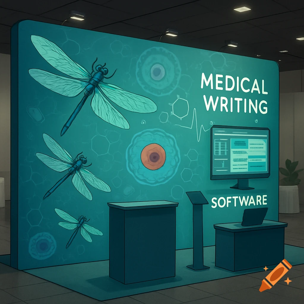 Stylized conference booth with 'MEDICAL WRITING SOFTWARE' text, dragonflies, cells, and a computer monitor on a teal background.