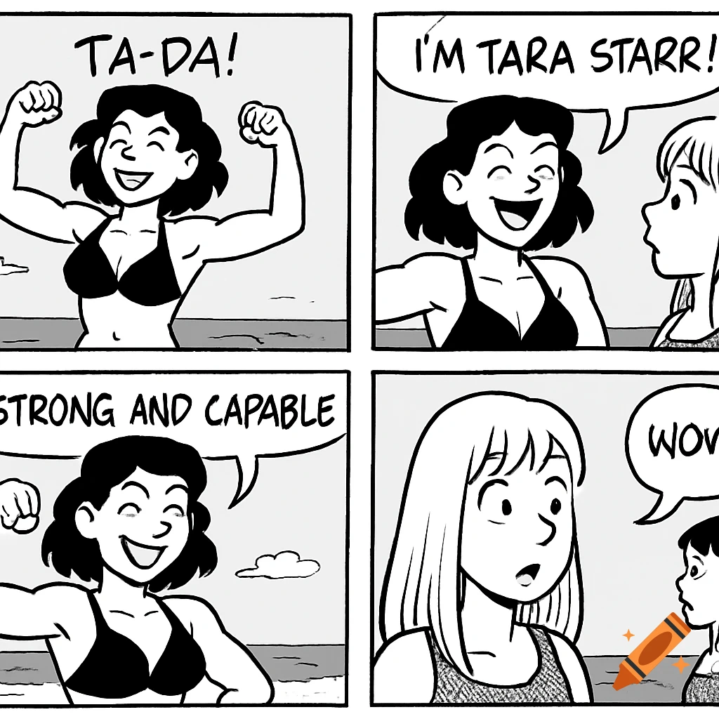 A black and white comic strip shows a muscular woman in a swimsuit flexing at the beach for another woman.