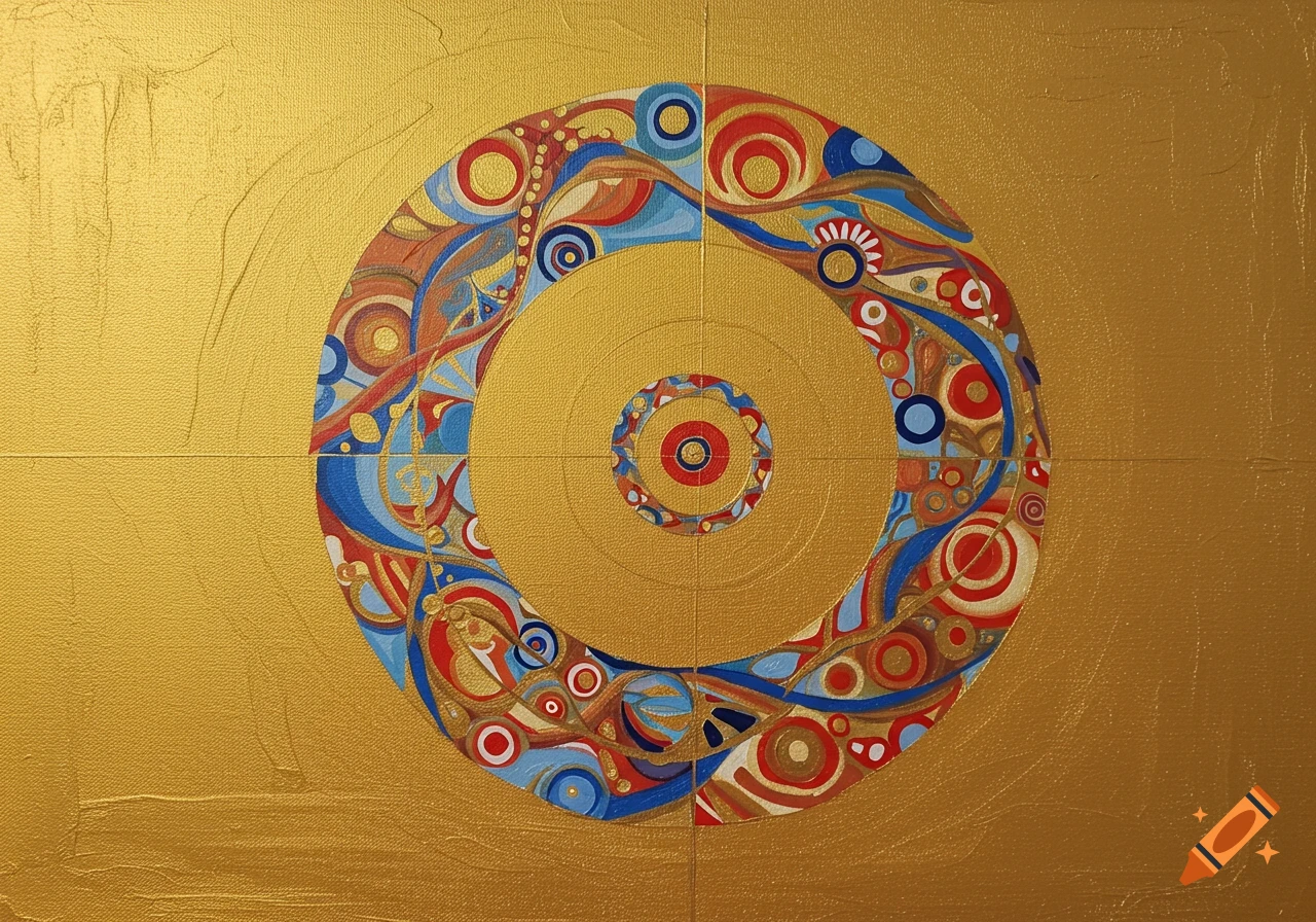 A vibrant abstract painting featuring a complex, concentric circular design in red, blue, and gold, set against a textured gold background.