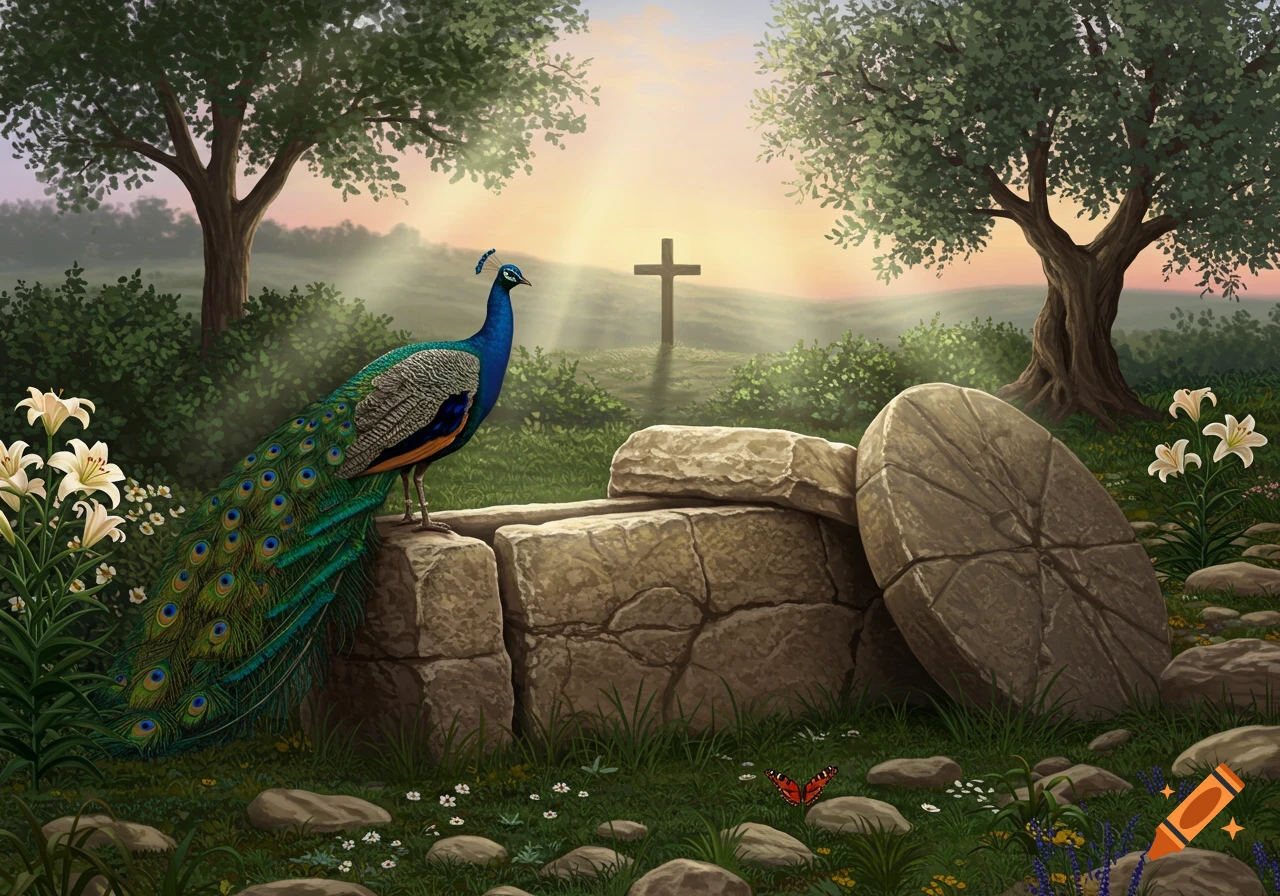 A vibrant peacock stands near an open stone tomb in a lush, sunlit garden with lilies and a cross on a distant hill.