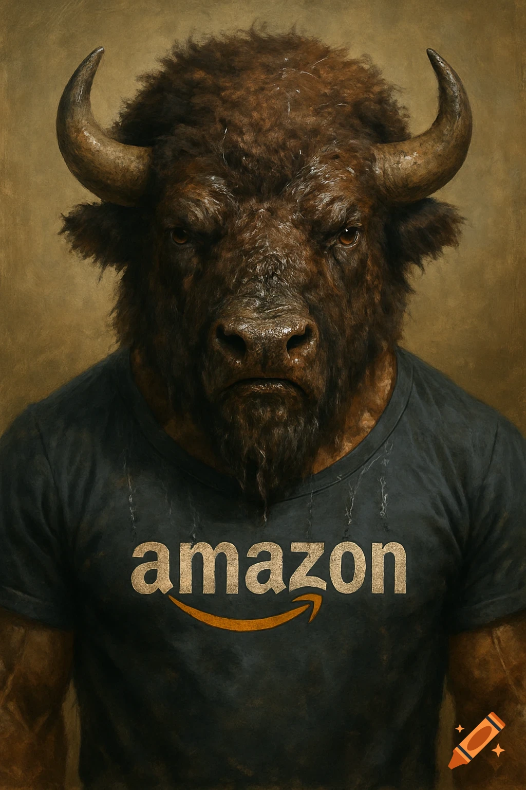 A photorealistic portrait of an angry bison wearing a dark grey t-shirt with the Amazon logo.