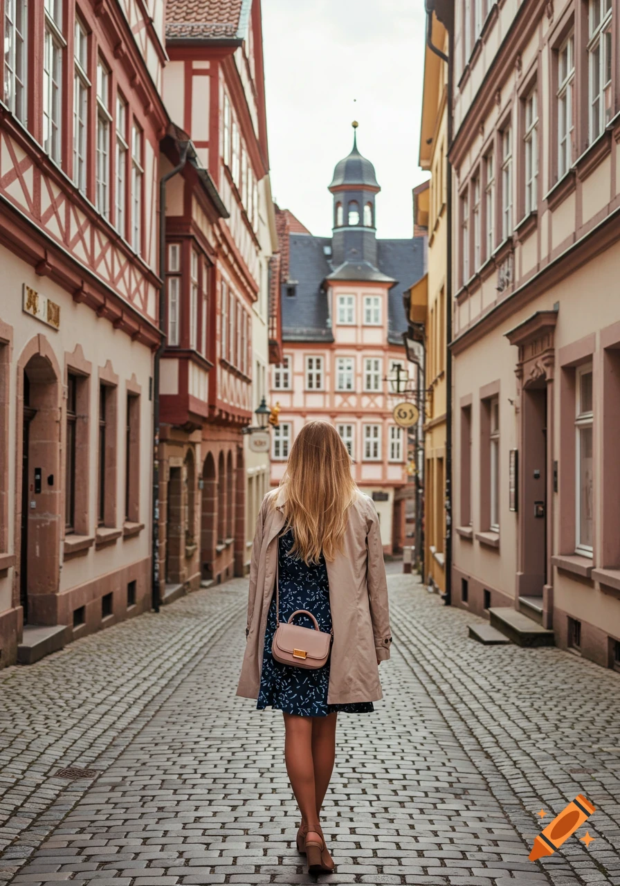 Woman walking away on a cobblestone street lined with historic red and white timber-frame buildings under an overcast sky. Photorealistic.