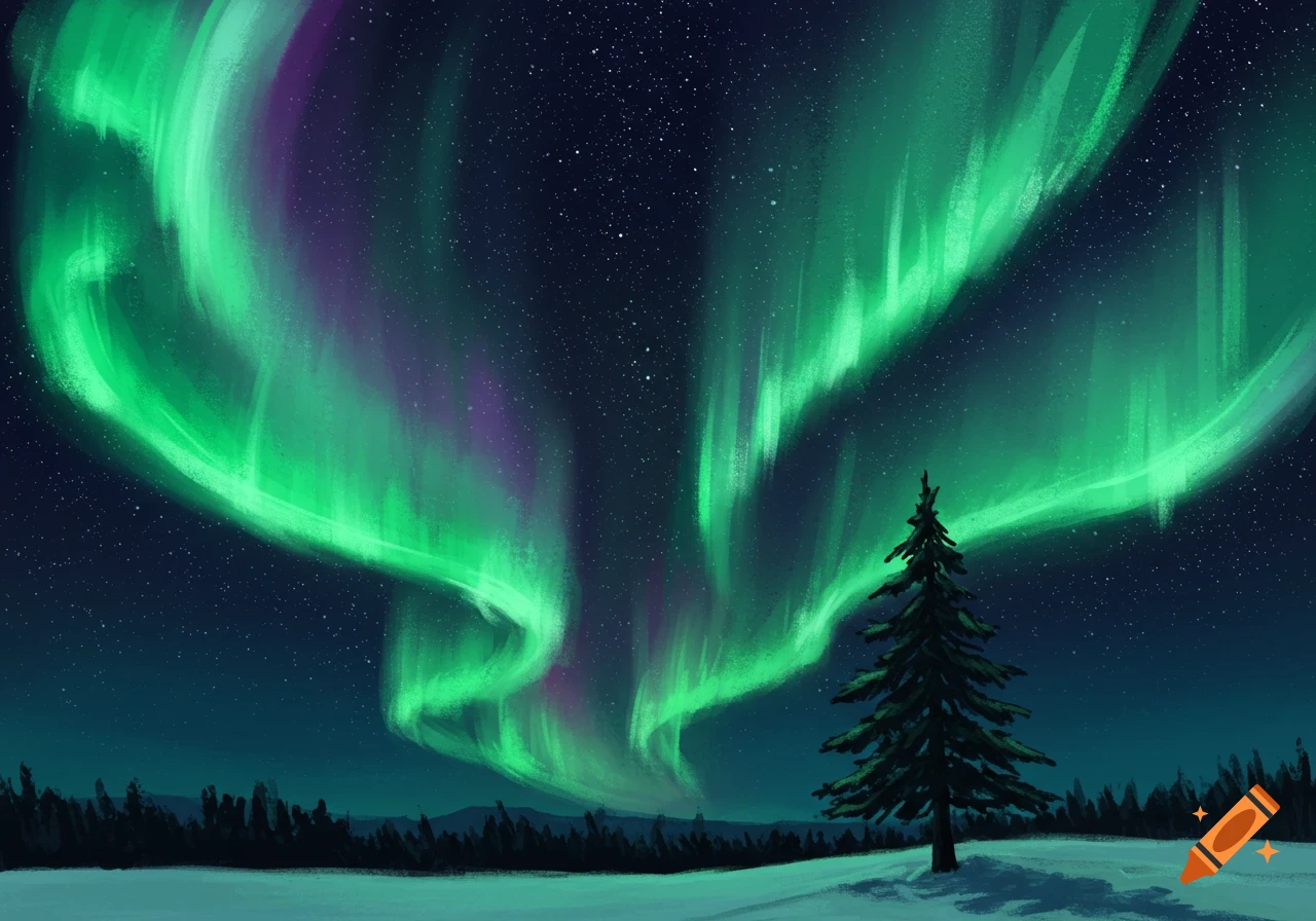 Green and purple aurora borealis lights up a starry night sky over a snowy field and pine tree. Digital painting.