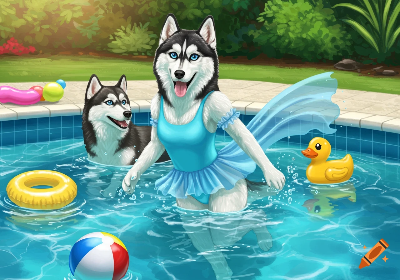 Two anthropomorphic huskies swim in a pool with toys; one wears a blue swimsuit in a vibrant illustration.