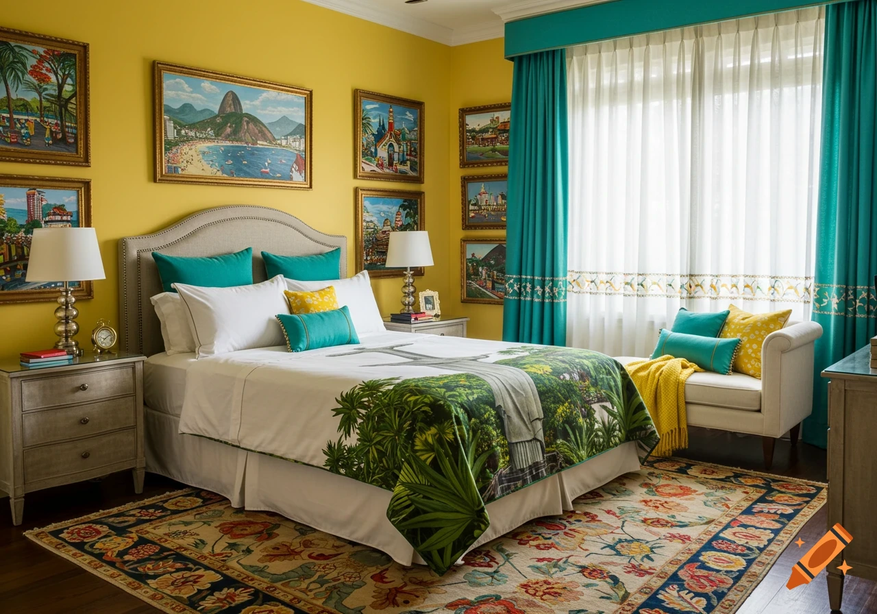 A colorful master bedroom with yellow walls, a bed with a Rio de Janeiro-themed comforter, teal curtains, and framed paintings of Brazilian landscapes.