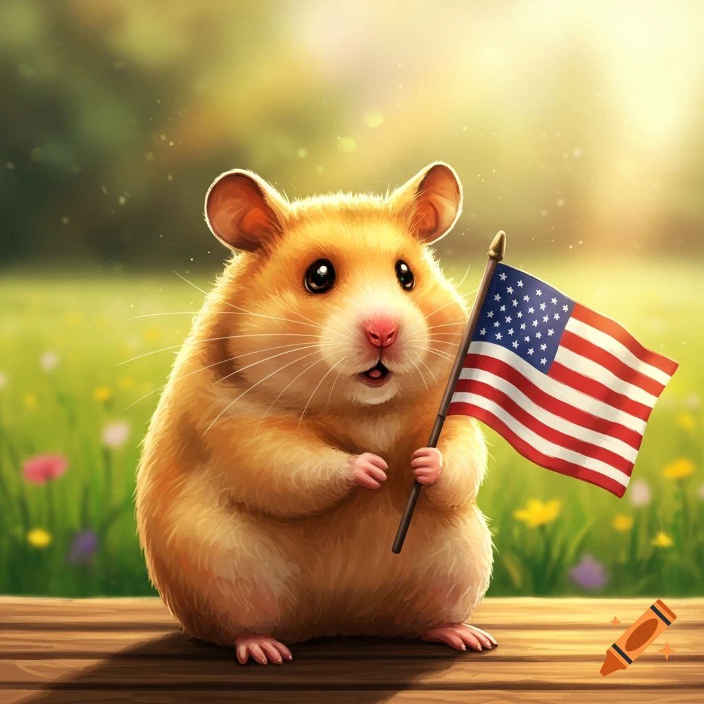 A cute, fluffy golden hamster holding a small American flag while sitting on a wooden surface in a sunny, green field.